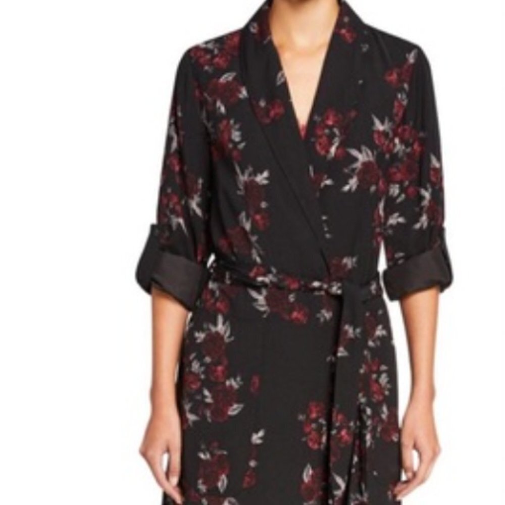 Kensie Dark Floral Shawl Collar Rose Noir Trench Midi Coat/Dress Size XS - Picture 10 of 15